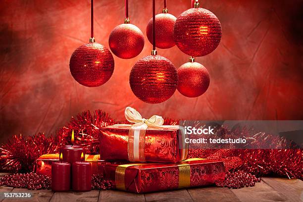 Christmas Background Balls Candles And Gifts Stock Photo - Download Image Now - Backgrounds, Candle, Celebration