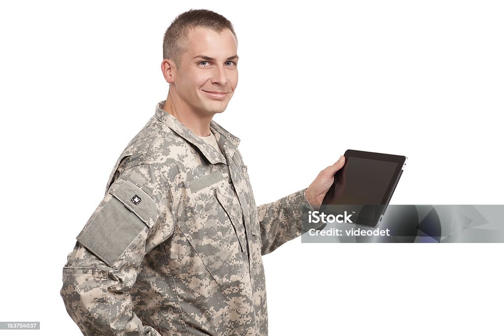 Soldato con un computer tablet - Foto stock royalty-free di PC Ultramobile