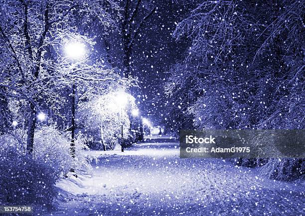 Snowing Winter Alley At Night Stock Photo - Download Image Now - Alley, Blue, Cold Temperature