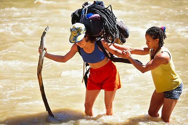Team of female climbers brace each other as they cross a river.