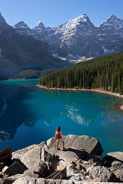 istock Woman Hiking With Backpack at Moraine Lake, Alberta, Canada 153756061