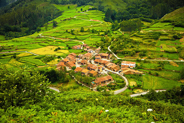 Aerial view of a typical town in Saja Valley Province of Santander, Cantabria, Spain. EOS 5D Mark II cantabria photos stock pictures, royalty-free photos & images
