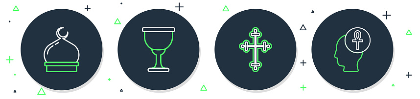 Set line Holy grail or chalice Christian cross Muslim Mosque and Cross ankh icon. Vector.