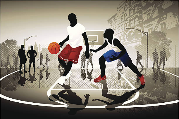 Street basketball Vector silhouette of a one on one street basketball scene in an urban environment with pedestrians walking by and stopping to watch the game.   basketball sport street silhouette stock illustrations