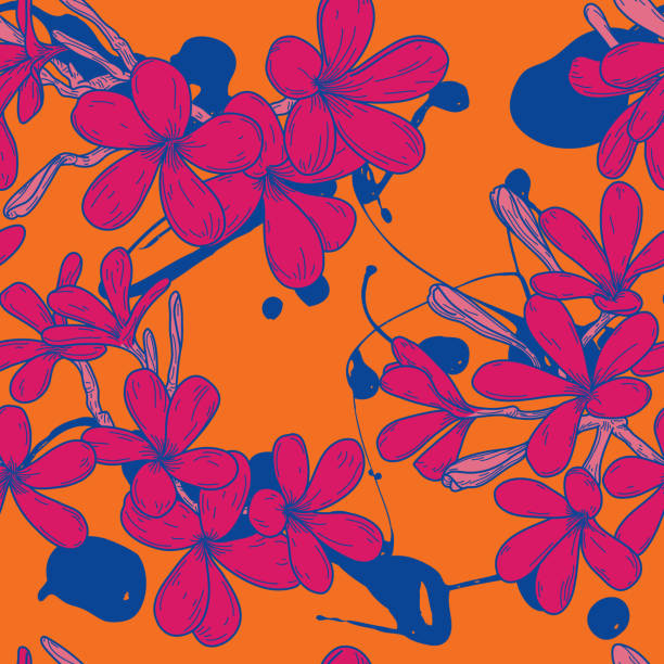 Bright and Fun 60s Tropical Plumeria Frangipani Seamless Pattern Background vector art illustration