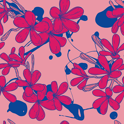 A bold and bright 1960s-inspired seamless plumeria or frangipani background. Global colours, easy to change.