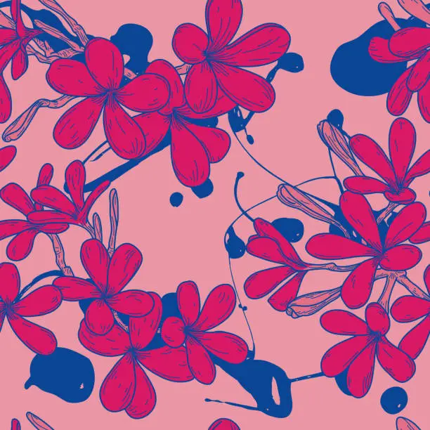 Vector illustration of Bright and Fun 60s Tropical Plumeria Frangipani Seamless Pattern Background