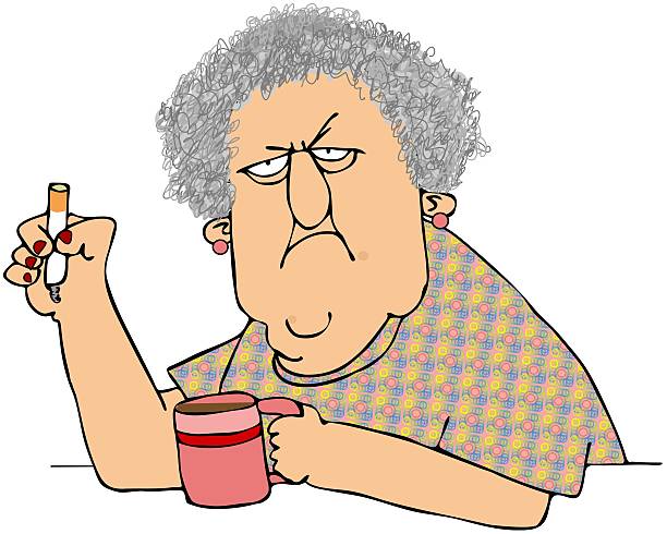 Old Woman With Coffee And Cigarette Stock Illustration - Download Image Now  - Senior Women, Cartoon, Cigarette - iStock
