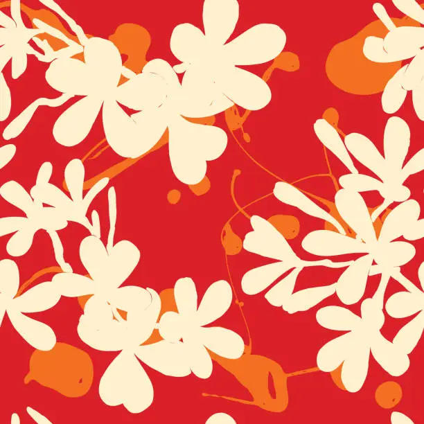 Vector illustration of Bright and Fun 60s Tropical Plumeria Frangipani Silhouette Seamless Pattern Background