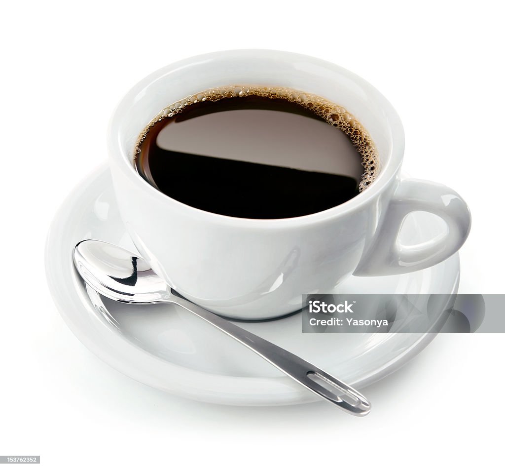 cup of coffee on saucer with spoon cup of coffee on saucer with spoon isolated on white background Black Color Stock Photo