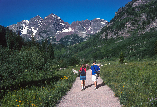 Maroon Bells - Mother & Son Starting Trail - 2004. Scanned from Kodachrome 64 slide.