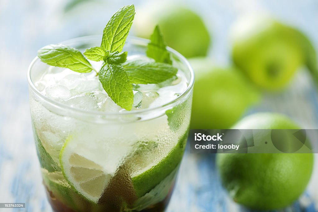 Glass of mojito with spearmint garnished on top fresh mojito on a rustic table Alcohol - Drink Stock Photo