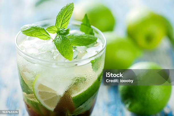 Glass Of Mojito With Spearmint Garnished On Top Stock Photo - Download Image Now - Alcohol - Drink, Citrus Fruit, Cocktail