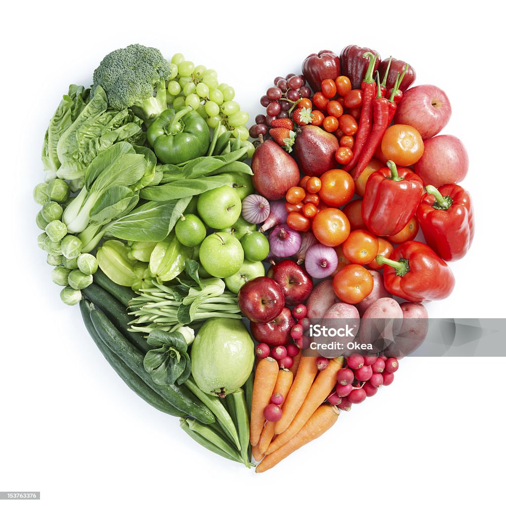 Heart shaped display of green, red healthy foods heart shape by various vegetables and fruits Vegetable Stock Photo