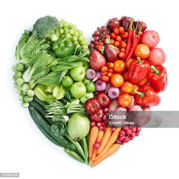 Heart Shaped Display Of Green Red Healthy Foods Stock Photo - Download Image Now - Vegetable, Heart Shape, Fruit