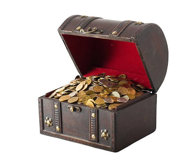 istock Chest trunk wooden gold isolated on the white backg 153764579