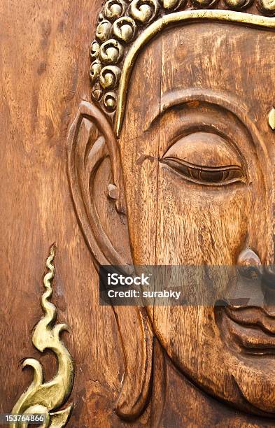 Buddha Face Carving From Teak Wood In Thai Style Stock Photo - Download Image Now - Art, Art And Craft, Asia