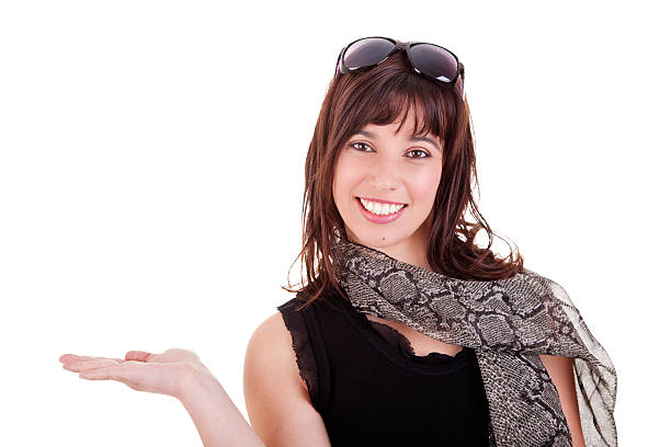 Happy Woman Showing Your Product stock photo