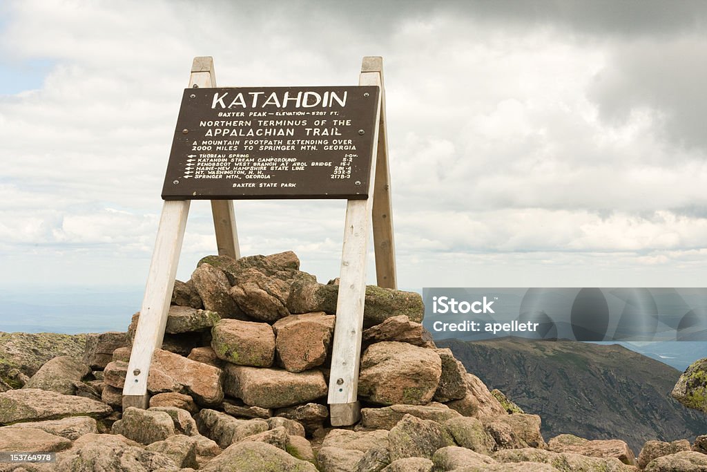 Katahdin Sign Sign at the top of Mt Katahdin, marking the northern terminus of the Appalachian Trail. Mt Katahdin Stock Photo