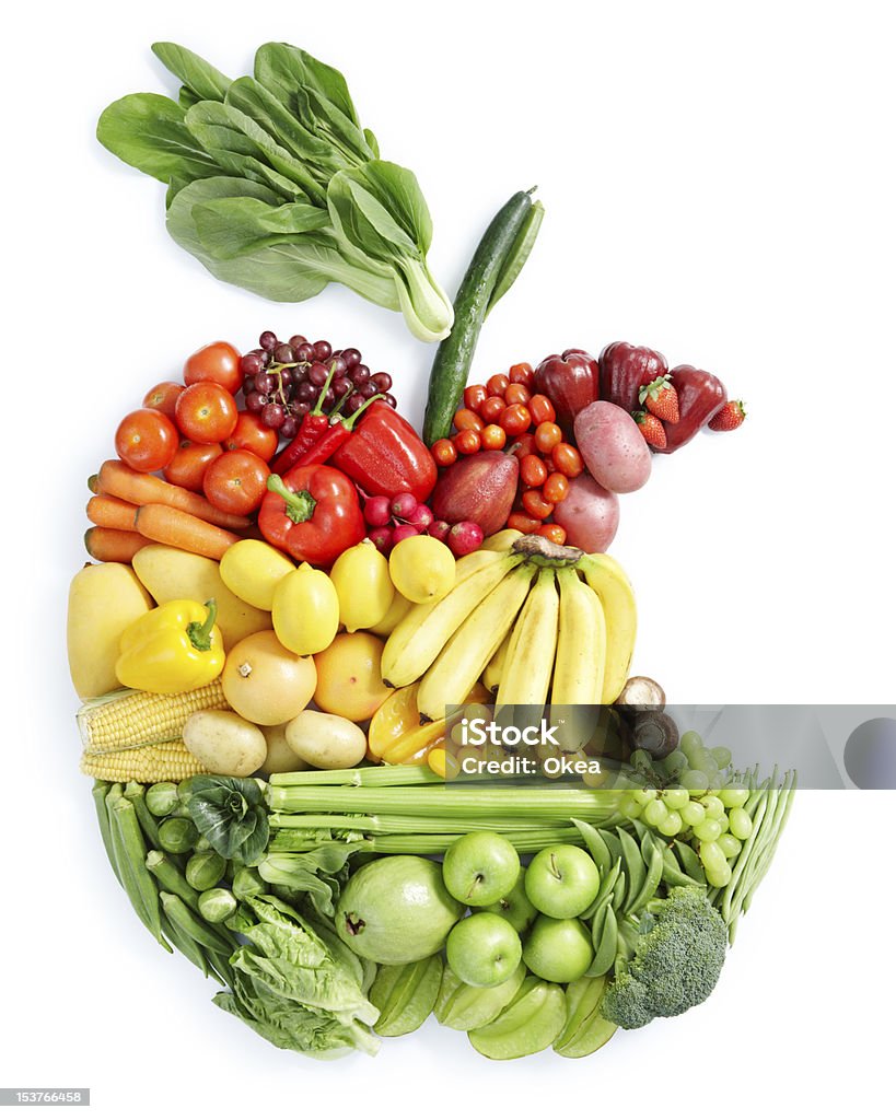 apple bite: healthy food various vegetables and fruits in eaten apple shape Vegetable Stock Photo