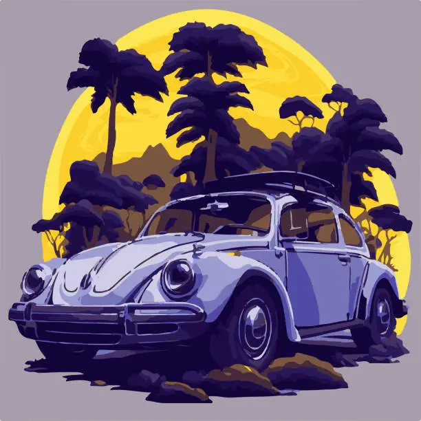 Vector illustration of illustration of a vintage car from the 60s with a background of sun and tropical palm trees