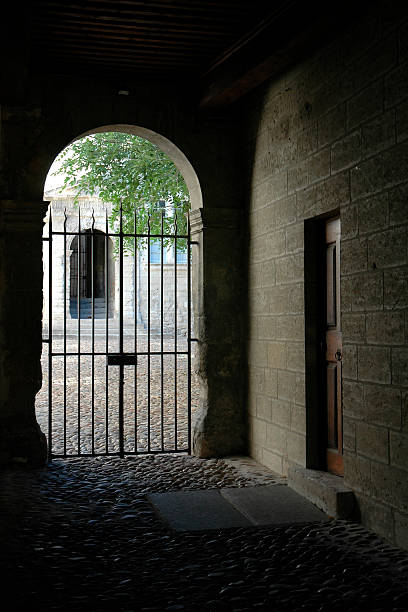 entrance with iron door stock photo