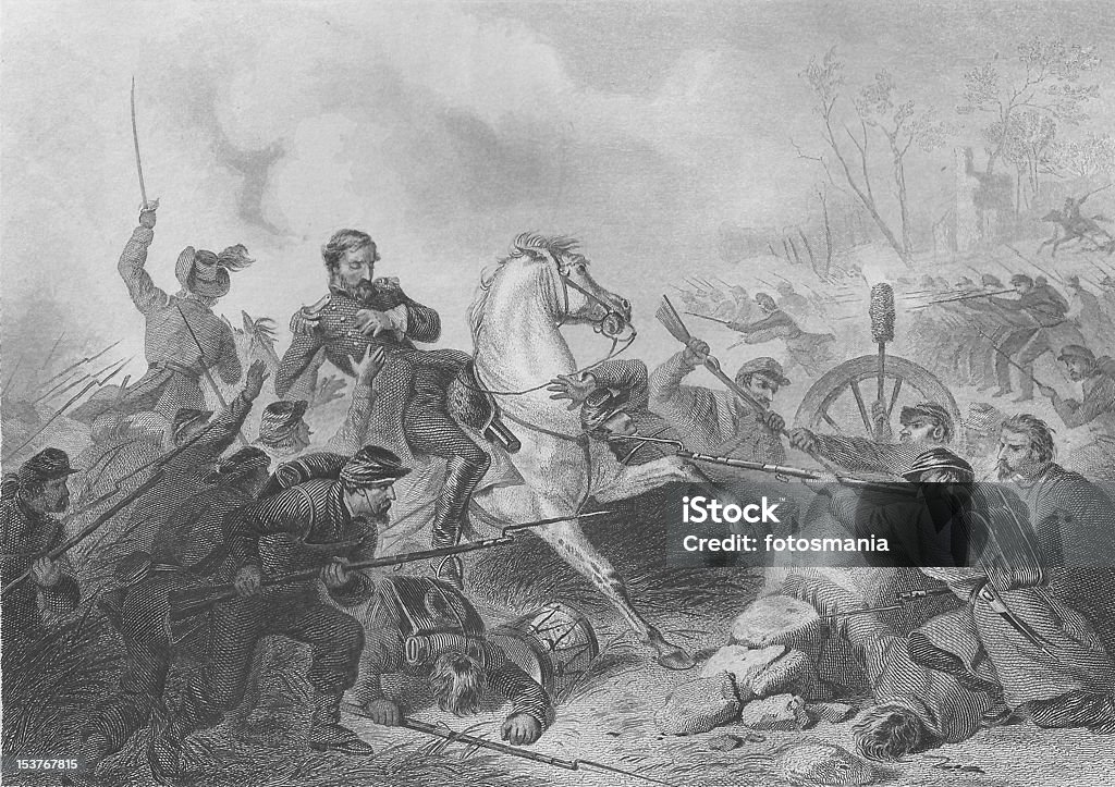 배틀 Wilson's Creek)-Fall of 알번 리용 1863 음각 - 로열티 프리 American Civil War 스톡 일러스트