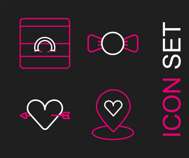 하트, 아무르와 화살, 나비 넥타이와 결혼 반지 아이콘으로 라인 위치를 설정합니다. 벡터 - heart shape heart suit valentines day love stock illustrations