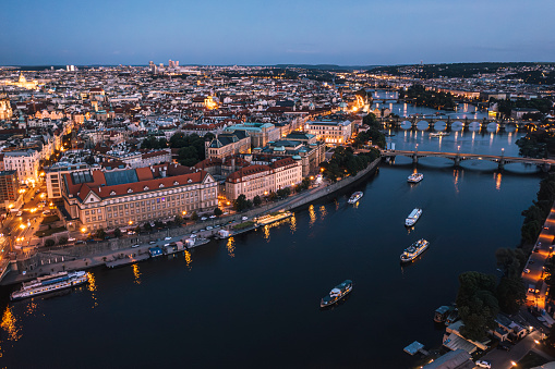 Aerial view of Stare mesto district of Prague city during sunset, Czech Republic