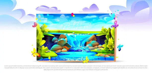 Vector illustration of School education concept in cartoon style. Art school. Summer painted painting on canvas with a waterfall and butterflies on a white background with space for text.