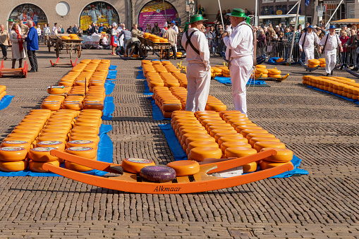 Alkmaar, Netherlands, March 25, 2022; Cheese carriers on the cheese market in the Dutch city of Alkmaar.