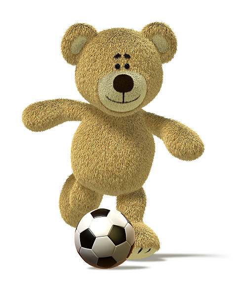 Teddy Bear is running and about to kick off a soccer ball in front of him. This image is isolated on white with soft shadows.