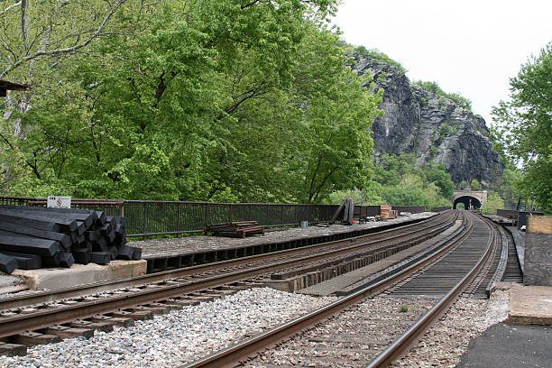 Train tracks Train tracks heading towards and through the mountain at Harper's Ferry in West Virginia trishz stock pictures, royalty-free photos & images