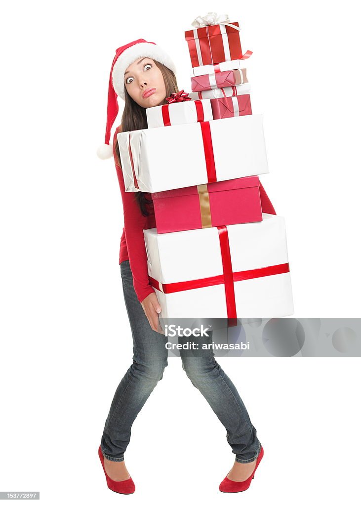 Natal estresse mulher cansada com muitos presentes - Foto de stock de Estresse emocional royalty-free