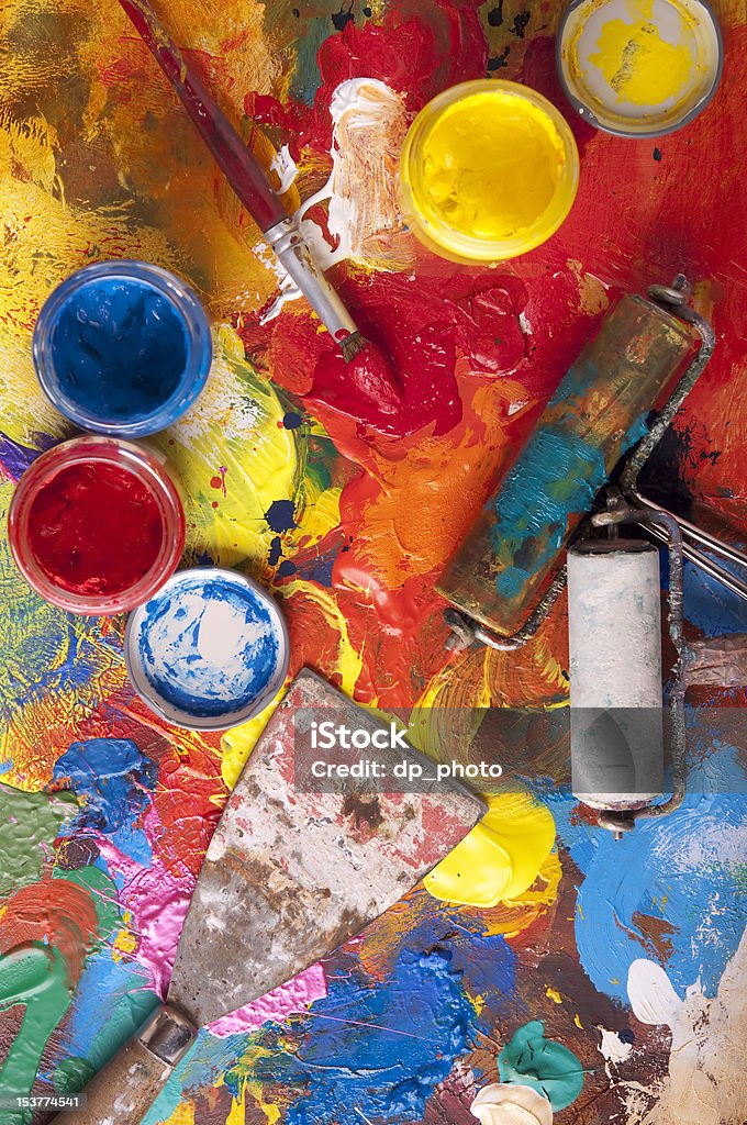 Mess in the artstudio Art equipment photographed in a art studio. Paint Can Stock Photo