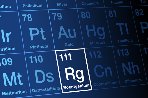 Roentgenium on periodic table of the elements. Extremely radioactive, superheavy, synthetic transactinide element, with element symbol Rg and atomic number 111. Named after physicist Wilhelm Roentgen.