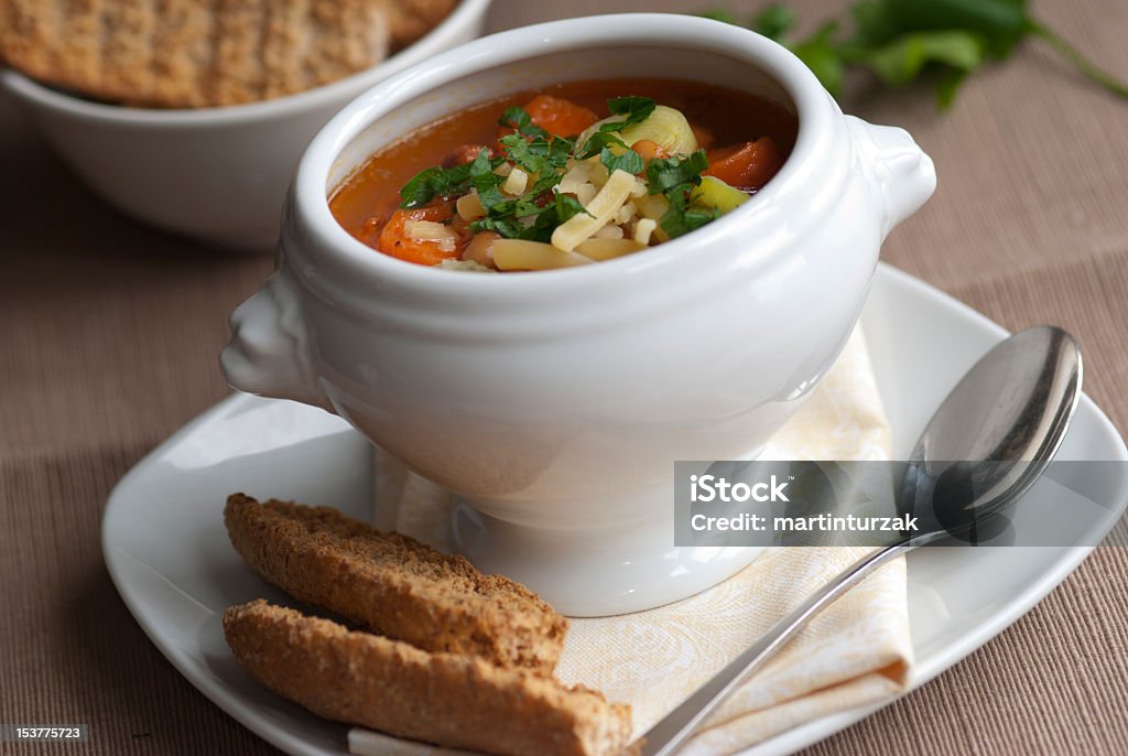 Soup in a bowl Freshly made bacon, bean and pasta soup in a bowl Bacon Stock Photo