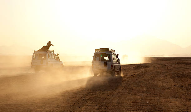 Two cars kicking up dust on a desert safari stock photo