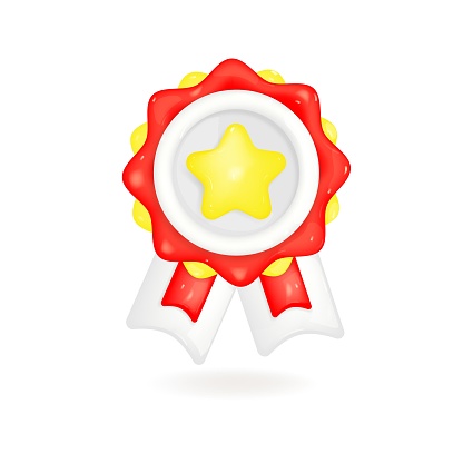 3d winner medal with star and ribbon white on red background. 3d quality assurance product champion award medal with cartoon minimal style. 3d medal quality rating badge vector rendering illustration,