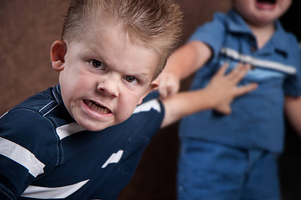 angry little boy flagrantes y luchando con su hermano - furious blue little boys caucasian fotografías e imágenes de stock