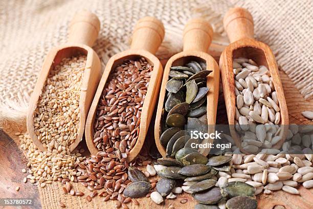 Sesame Flax Pumpkin And Sunflower Seeds Stock Photo - Download Image Now - Seed, Variation, Flax Seed