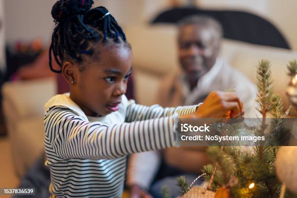 African American Family Spending Time Together Decorating Christmas Tree Stock Photo - Download Image Now