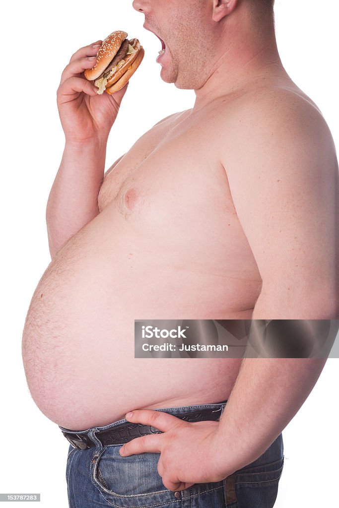 Fat man con hamburger di manzo - Foto stock royalty-free di Addome