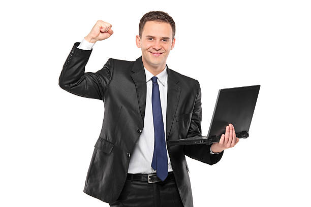 istock Young happy businessman holding a laptop 153787586