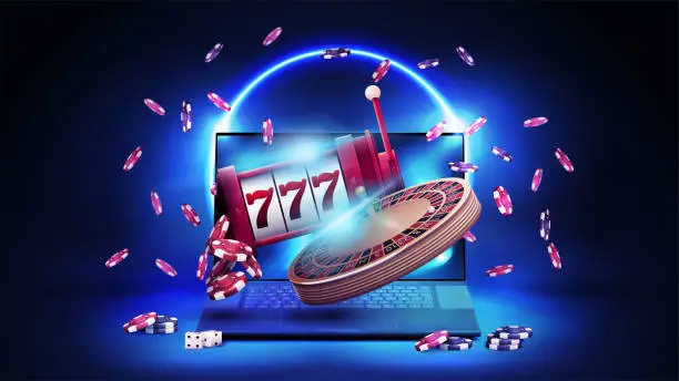 Vector illustration of Online casino, blue banner with laptop, slot machine, Casino Roulette and poker chips in blue scene with neon ring on background.