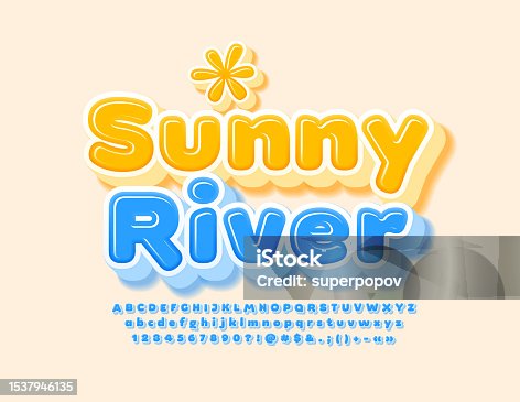 istock Vector creative template Sunny River with decorative element. Cute glossy Alphabet Letters, Numbers and Symbols set 1537946135