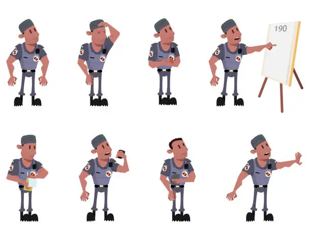 Vector illustration of Officer in eight different positions. Unarmed. Sao Paulo Police. PMSP. Friendly situation. Public security service. call 190.