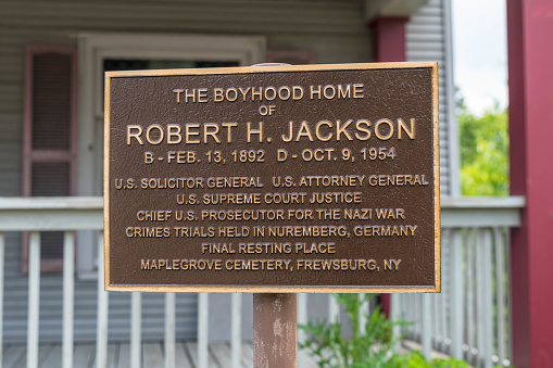 Frewsburg, New York, USA June 21, 2023 An historic marker on Main Street for Robert H. Jackson, a lawyer from the town as seen on a sunny summer day