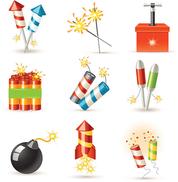 Pyrotechnic set Set of 9 glossy pyrotechnic icons. firework explosive material illustrations stock illustrations