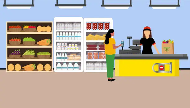 Vector illustration of customer pays the grocery cashier with a credit card, supermarket